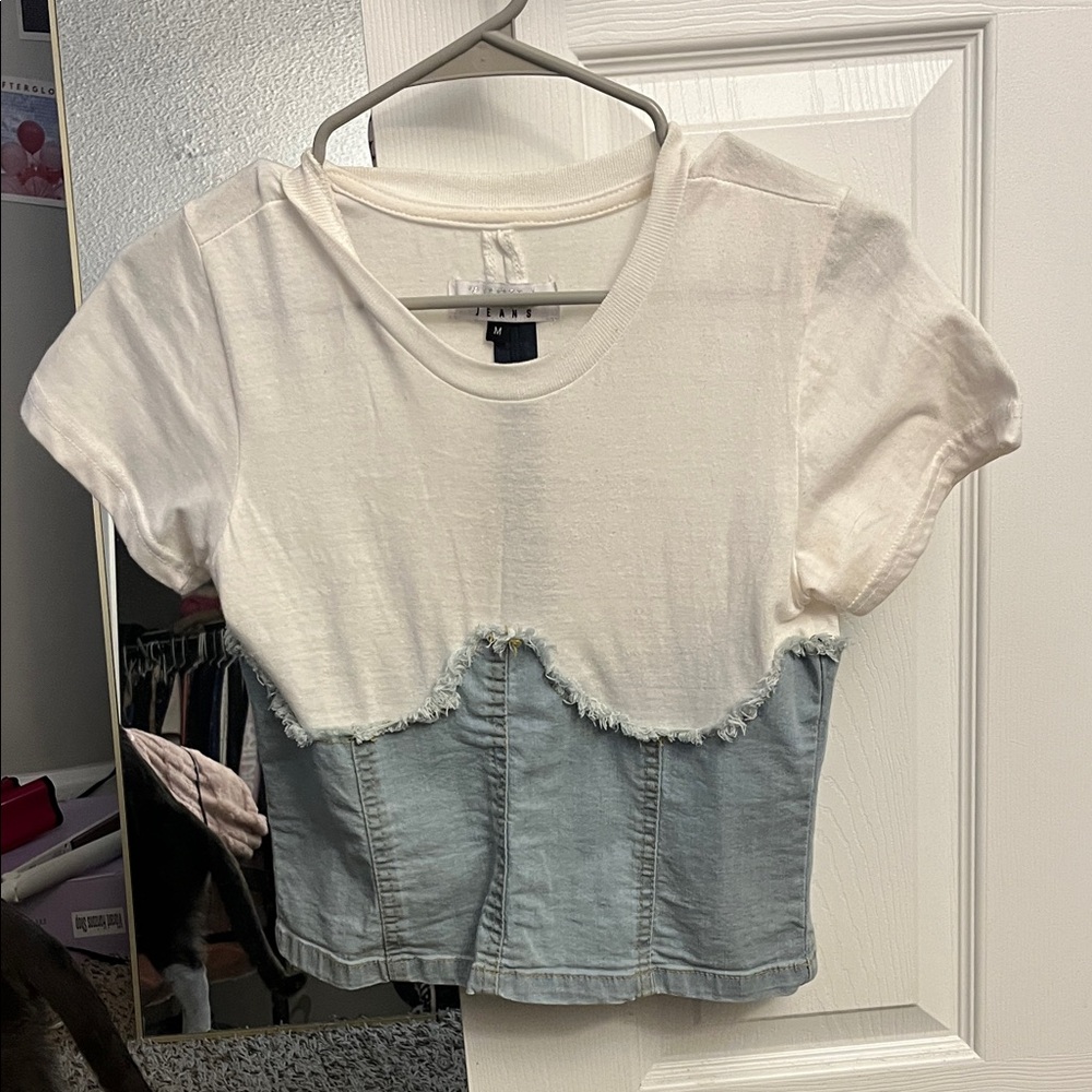 Women's White and Blue Denim Top